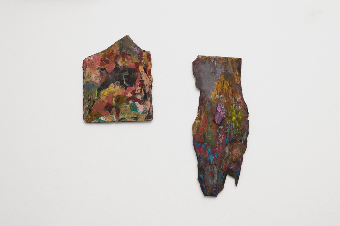 Two paintings on slate installed on a white wall at LBF Contemporary